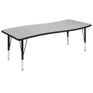 stain and warp resistant. An attractive black powder coated finish protects the upper legs from scratches and height adjustable chrome lower legs give you the flexibility to raise or lower the table a full 9" in 1" increments. Self-leveling nylon floor glides keep the table from wobbling and protect your floor by sliding smoothly when you need to move it. Mix various shaped activity tables around the classroom for kids to interact and define workspaces. This table accommodates six 12" or 14" seat plastic  stackable school chairs or ergonomic shell stack chairs around its frame. For the ultimate classroom setup add our soft seating collaborative circle and moon shaped ottomans to add color and safety.