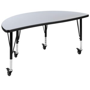 stain and warp resistant. An attractive black powder coated finish protects the upper legs from scratches and height adjustable chrome lower legs give you the flexibility to raise or lower the table a full 8" in 1" increments. Locking casters allow you to lock each caster as needed to move or lock in place. Mix various shaped activity tables around the classroom for kids to interact and define workspaces. This table accommodates four 12" or 14" seat plastic stackable school chairs or ergonomic shell stack chairs around its frame. For the ultimate classroom setup add our soft seating collaborative circle and moon shaped ottomans to add color and safety.
