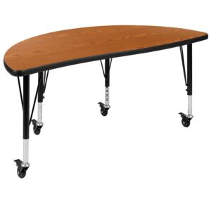 stain and warp resistant. An attractive black powder coated finish protects the upper legs from scratches and height adjustable chrome lower legs give you the flexibility to raise or lower the table a full 8" in 1" increments. Locking casters allow you to lock each caster as needed to move or lock in place. Mix various shaped activity tables around the classroom for kids to interact and define workspaces. This table accommodates four 12" or 14" seat plastic stackable school chairs or ergonomic shell stack chairs around its frame. For the ultimate classroom setup add our soft seating collaborative circle and moon shaped ottomans to add color and safety.