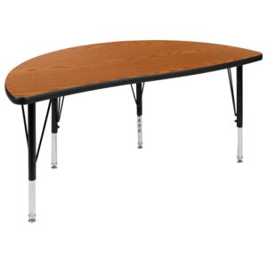 stain and warp resistant. An attractive black powder coated finish protects the upper legs from scratches and height adjustable chrome lower legs give you the flexibility to raise or lower the table a full 9" in 1" increments. Self-leveling nylon floor glides keep the table from wobbling and protect your floor by sliding smoothly when you need to move it. Mix various shaped activity tables around the classroom for kids to interact and define workspaces. This table accommodates six 12" or 14" seat plastic stackable school chairs or ergonomic shell stack chairs around its frame. For the ultimate classroom setup add our soft seating collaborative circle and moon shaped ottomans to add color and safety.