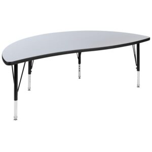 stain and warp resistant. An attractive black powder coated finish protects the upper legs from scratches and height adjustable chrome lower legs give you the flexibility to raise or lower the table a full 9" in 1" increments. Self-leveling nylon floor glides keep the table from wobbling and protect your floor by sliding smoothly when you need to move it. Mix various shaped activity tables around the classroom for kids to interact and define workspaces. This table accommodates six 12" or 14" seat plastic  stackable school chairs or ergonomic shell stack chairs around its frame. For the ultimate classroom setup add our soft seating collaborative circle and moon shaped ottomans to add color and safety.