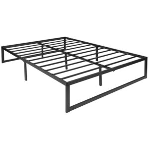 artisan design of this black textured finish full metal platform bed frame. The lack of a headboard and footboard will streamline a modern bedroom but will also give the illusion of an open