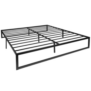 artisan design of this black textured finish king metal platform bed frame. The lack of a headboard and footboard will streamline a modern bedroom but will also give the illusion of an open