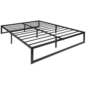 artisan design of this black textured finish queen metal platform bed frame. The lack of a headboard and footboard will streamline a modern bedroom but will also give the illusion of an open