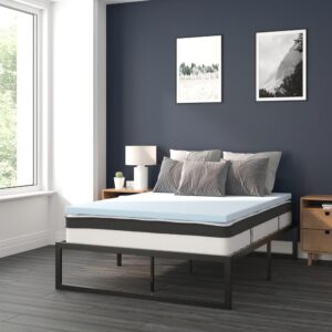 10 inch mattress and 2 inch memory foam mattress topper can be yours with the click of a button. Bedroom furniture is an investment so durability is always at the top of the must have list. This bed frame foundation with included mattress and memory foam topper features a 14" freestanding metal platform bed frame offering 12.5 inches of clearance for storage and ease of cleaning. Constructed from 19 gauge solid steel with reinforced metal screw construction this frame will hold up to 650 pounds. Solid steel slats hold the included 10" foam and pocket spring mattress and 2" memory foam topper without sagging and does not require a box spring. The lack of a headboard or footboard streamlines any sleep space and will lend vertical real estate to smaller bedrooms. This complete bed set bundle gives you an unparalleled sleeping experience. This medium-firm foam and pocket spring mattress features individually wrapped pocket spring coils for exceptional support and reduced motion transfer alleviating pressure points to help you stay asleep. As if that weren't enough to have you clicking the add to cart button