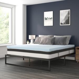 10 inch mattress and 2 inch memory foam mattress topper can be yours with the click of a button. Bedroom furniture is an investment so durability is always at the top of the must have list. This bed frame foundation with included mattress and memory foam topper features a 14" freestanding metal platform bed frame offering 12.5 inches of clearance for storage and ease of cleaning. Constructed from 19 gauge solid steel with reinforced metal screw construction this frame will hold up to 800 pounds. Solid steel slats hold the included 10" foam and pocket spring mattress and 2" memory foam topper without sagging and does not require a box spring. The lack of a headboard or footboard streamlines any sleep space and will lend vertical real estate to smaller bedrooms. This complete bed set bundle gives you an unparalleled sleeping experience. This medium-firm foam and pocket spring mattress features individually wrapped pocket spring coils for exceptional support and reduced motion transfer alleviating pressure points to help you stay asleep. As if that weren't enough to have you clicking the add to cart button
