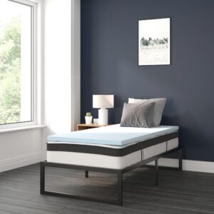10 inch mattress and 2 inch memory foam mattress topper can be yours with the click of a button. Bedroom furniture is an investment so durability is always at the top of the must have list. This bed frame foundation with included mattress and memory foam topper features a 14" freestanding metal platform bed frame offering 12.5 inches of clearance for storage and ease of cleaning. Constructed from 19 gauge solid steel with reinforced metal screw construction this frame will hold up to 650 pounds. Solid steel slats hold the included 10" foam and pocket spring mattress and 2" memory foam topper without sagging and does not require a box spring. The lack of a headboard or footboard streamlines any sleep space and will lend vertical real estate to smaller bedrooms. This complete bed set bundle gives you an unparalleled sleeping experience. This medium-firm foam and pocket spring mattress features individually wrapped pocket spring coils for exceptional support and reduced motion transfer alleviating pressure points to help you stay asleep. As if that weren't enough to have you clicking the add to cart button