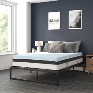 10 inch mattress and 3 inch memory foam mattress topper can be yours with the click of a button. Bedroom furniture is an investment so durability is always at the top of the must have list. This bed frame foundation with included mattress and memory foam topper features a 14" freestanding metal platform bed frame offering 12.5 inches of clearance for storage and ease of cleaning. Constructed from 19 gauge solid steel with reinforced metal screw construction this frame will hold up to 800 pounds. Solid steel slats hold the included 10" foam and pocket spring mattress and 3" memory foam topper without sagging and does not require a box spring. The lack of a headboard or footboard streamlines any sleep space and will lend vertical real estate to smaller bedrooms. This complete bed set bundle gives you an unparalleled sleeping experience. This medium-firm foam and pocket spring mattress features individually wrapped pocket spring coils for exceptional support and reduced motion transfer alleviating pressure points to help you stay asleep. As if that weren't enough to have you clicking the add to cart button