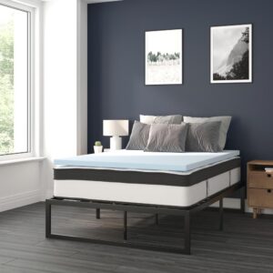 12 inch mattress and 2 inch memory foam mattress topper can be yours with the click of a button. Bedroom furniture is an investment so durability is always at the top of the must have list. This bed frame foundation with included mattress and memory foam topper features a 14" freestanding metal platform bed frame offering 12.5 inches of clearance for storage and ease of cleaning. Constructed from 19 gauge solid steel with reinforced metal screw construction this frame will hold up to 650 pounds. Solid steel slats hold the included 12" foam and pocket spring mattress and 2" memory foam topper without sagging and does not require a box spring. The lack of a headboard or footboard streamlines any sleep space and will lend vertical real estate to smaller bedrooms. This complete bed set bundle gives you an unparalleled sleeping experience. This medium-firm foam and pocket spring mattress features individually wrapped pocket spring coils for exceptional support and reduced motion transfer alleviating pressure points to help you stay asleep. As if that weren't enough to have you clicking the add to cart button