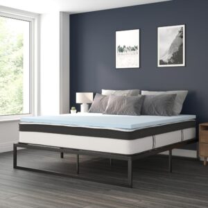 12 inch mattress and 2 inch memory foam mattress topper can be yours with the click of a button. Bedroom furniture is an investment so durability is always at the top of the must have list. This bed frame foundation with included mattress and memory foam topper features a 14" freestanding metal platform bed frame offering 12.5 inches of clearance for storage and ease of cleaning. Constructed from 19 gauge solid steel with reinforced metal screw construction this frame will hold up to 800 pounds. Solid steel slats hold the included 12" foam and pocket spring mattress and 2" memory foam topper without sagging and does not require a box spring. The lack of a headboard or footboard streamlines any sleep space and will lend vertical real estate to smaller bedrooms. This complete bed set bundle gives you an unparalleled sleeping experience. This medium-firm foam and pocket spring mattress features individually wrapped pocket spring coils for exceptional support and reduced motion transfer alleviating pressure points to help you stay asleep. As if that weren't enough to have you clicking the add to cart button