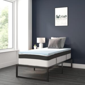 12 inch mattress and 2 inch memory foam mattress topper can be yours with the click of a button. Bedroom furniture is an investment so durability is always at the top of the must have list. This bed frame foundation with included mattress and memory foam topper features a 14" freestanding metal platform bed frame offering 12.5 inches of clearance for storage and ease of cleaning. Constructed from 19 gauge solid steel with reinforced metal screw construction this frame will hold up to 650 pounds. Solid steel slats hold the included 12" foam and pocket spring mattress and 2" memory foam topper without sagging and does not require a box spring. The lack of a headboard or footboard streamlines any sleep space and will lend vertical real estate to smaller bedrooms. This complete bed set bundle gives you an unparalleled sleeping experience. This medium-firm foam and pocket spring mattress features individually wrapped pocket spring coils for exceptional support and reduced motion transfer alleviating pressure points to help you stay asleep. As if that weren't enough to have you clicking the add to cart button