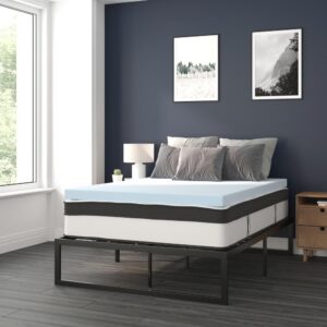12 inch mattress and 3 inch memory foam mattress topper can be yours with the click of a button. Bedroom furniture is an investment so durability is always at the top of the must have list. This bed frame foundation with included mattress and memory foam topper features a 14" freestanding metal platform bed frame offering 12.5 inches of clearance for storage and ease of cleaning. Constructed from 19 gauge solid steel with reinforced metal screw construction this frame will hold up to 650 pounds. Solid steel slats hold the included 12" foam and pocket spring mattress and 3" memory foam topper without sagging and does not require a box spring. The lack of a headboard or footboard streamlines any sleep space and will lend vertical real estate to smaller bedrooms. This complete bed set bundle gives you an unparalleled sleeping experience. This medium-firm foam and pocket spring mattress features individually wrapped pocket spring coils for exceptional support and reduced motion transfer alleviating pressure points to help you stay asleep. As if that weren't enough to have you clicking the add to cart button