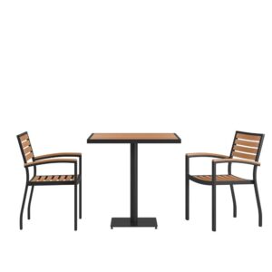 Whether you're at home or your neighborhood restaurant make your space as inviting as possible when you purchase this 3 piece 30" square table and 2 club chairs set. The synthetic faux teak slats contrast beautifully with the black metal frames and blend seamlessly in almost any decor. This 3 piece set creates the perfect atmosphere for an intimate dinner or drinks with a friend. This set has more than just great looks. The 18 gauge steel frame of the patio table features metal screw construction that holds up to 300 Lbs. static weight capacity to effortlessly hold your favorite dishes while the 2 patio side chairs boast 12 gauge aluminum frame welded construction that holds up to 300 Lbs. static weight capacity to accommodate most users. Powder coating helps resist nicks and scratches on all pieces and is weather-resistant for year-round use though care should be taken to protect from prolonged periods of wet weather. Whether your furnishing your deck
