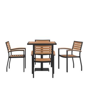 Whether you're at home or your neighborhood restaurant make your space as inviting as possible when you purchase this 5 piece 30" square table and 4 club chairs set. The synthetic faux teak slats contrast beautifully with the black metal frames and blend seamlessly in almost any decor. This 5 piece set creates the perfect atmosphere for an intimate dinner or drinks with a friend. This set has more than just great looks. The 18 gauge steel frame of the patio table features metal screw construction that holds up to 300 Lbs. static weight capacity to effortlessly hold your favorite dishes while the 4 patio side chairs boast 12 gauge aluminum frame welded construction that holds up to 300 Lbs. static weight capacity to accommodate most users. Powder coating helps resist nicks and scratches on all pieces and is weather-resistant for year-round use though care should be taken to protect from prolonged periods of wet weather. Whether your furnishing your deck