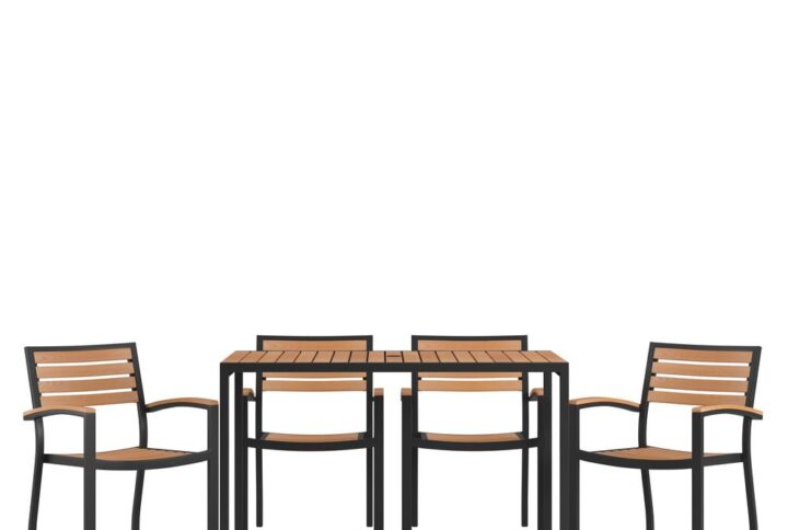 Gain more outdoor dining time at your home or business with this 5 piece 30"x 48" faux teak table and 4 side chairs set. Patrons love to dine al fresco and this all-weather dining set won't disappoint. The trending natural colored synthetic faux teak slats contrast beautifully with the black metal frames and blend seamlessly in almost any decor. Pick the umbrella that suits your personal taste and insert it into the umbrella holder hole to remain cool while outside. Entertain guests at your home or restaurant with this on-trend outdoor seating set. The 18 gauge steel frame of the patio table features metal screw construction that holds up to 300 Lbs. static weight capacity to effortlessly hold your favorite dishes while the 2 patio side chairs boast 12 gauge aluminum frame welded construction that holds up to 300 Lbs. static weight capacity to accommodate most users. Powder coating helps resist nicks and scratches on all pieces and is weather-resistant for year-round use though care should be taken to protect from prolonged periods of wet weather. The stackable chairs arrive fully assembled and ready to use and may be stacked up to 15 high for storage or routine floor care while the table assembles in 30 minutes or less with the included step-by-step instructions to refresh your outdoor dining space in your home or restaurant. Clean your new outdoor dining set with a water based cleaner to maintain great looks. Fixed glides will maintain the appearance of your hard flooring surfaces when being used indoors.