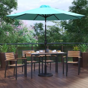 shady spot for dining or relaxing at your home or business is in this 7 piece patio set. Patrons love to dine al fresco and this all-weather dining set won't disappoint. The trending natural colored synthetic faux teak slats contrast beautifully with the black metal frames and blend seamlessly in almost any decor. The included tan polyester umbrella with base will protect your electronics and pets from overheating. Entertain guests at your home or restaurant with this on-trend outdoor seating bundle. The 18 gauge steel frame of the patio table features metal screw construction that holds up to 300 Lbs. static weight capacity to effortlessly hold your favorite dishes while the 12 gauge aluminum patio chairs stack up to 15 high for storage or cleaning. The 30+ UV treated polyester umbrella boasts push button tilt to keep you shaded no matter where the sun is. Powder coating on the dining table