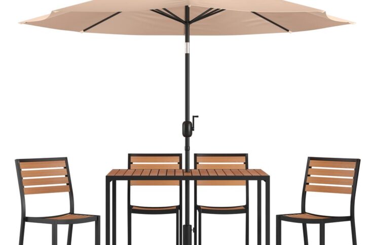 Setting up your outdoor space just got easier with this one stop 7 piece patio set bundle. Refresh the look of your existing entertaining space or add your personal touch to the new house you just moved into. Beautiful synthetic teak slats adorn the 30" x 48" faux teak table and 4 chairs while the polyester tan umbrella