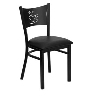 Be a trendsetter and offer guests a seating option that is a little different but a lot of charming. This appealing metal restaurant chair boasts a coffee back design and black vinyl upholstered seat that give this piece something extra and is a nice change of pace. The durable frame is stabilized with welded joint assembly and curved support bar that does well in high traffic establishments. This metal chair is easy to clean