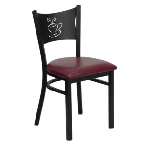 Be a trendsetter and offer guests a seating option that is a little different but a lot of charming. This appealing metal restaurant chair boasts a coffee back design and burgundy vinyl upholstered seat that give this piece something extra and is a nice change of pace. The durable frame is stabilized with welded joint assembly and curved support bar that does well in high traffic establishments. This metal chair is easy to clean