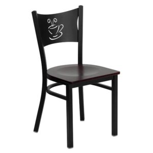 Be a trendsetter and offer guests a seating option that is a little different but a lot of charming. This appealing metal restaurant chair boasts a coffee back design and mahogany wood seat that gives this piece something extra and is a nice change of pace. The durable frame is stabilized with welded joint assembly and curved support bar that does well in high traffic establishments. This metal chair is easy to clean