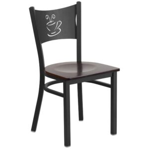 Be a trendsetter and offer guests a seating option that is a little different but a lot of charming. This appealing metal restaurant chair boasts a coffee back design and walnut wood seat that gives this piece something extra and is a nice change of pace. The durable frame is stabilized with welded joint assembly and curved support bar that does well in high traffic establishments. This metal chair is easy to clean