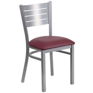 The silver slat back metal restaurant chair will be an attractive addition to your cafe