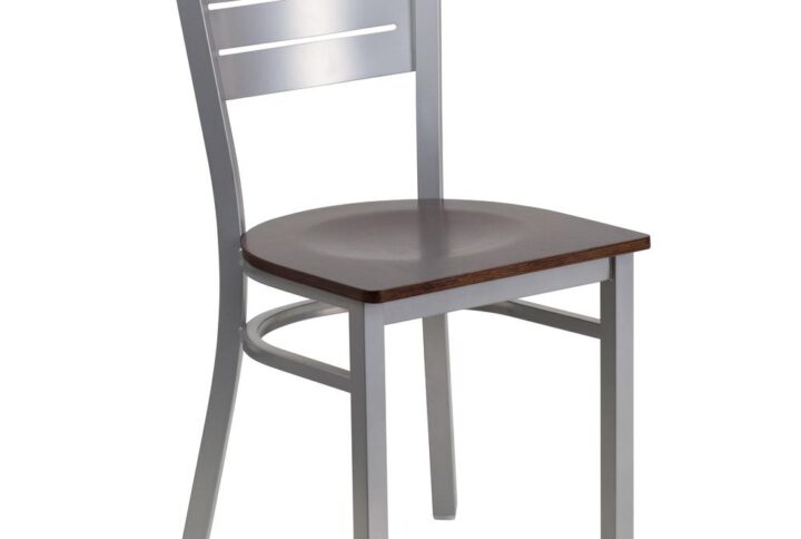 The silver slat back metal restaurant chair will be an attractive addition to your cafe