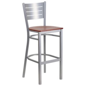The silver slat back metal restaurant barstool will be an attractive addition to your eatery