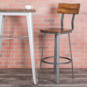 Set a new trend with this modern-industrial style metal restaurant barstool that will become a staple at your home or restaurant bar. This Rustic Walnut Restaurant Barstool with Wood Seat and Back and Gray Powder Coat Frame is attractively designed with a rectangular wood back. A round foot ring adds durability and serves as a footrest. Plastic floor glides protect your floors by sliding smoothly when you need to move the chair. This commercial grade stool will look great in cafes