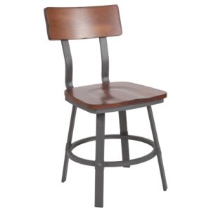 Set a new trend with this modern-industrial style metal restaurant chair that will become a staple at your dining table or in your restaurant. This Rustic Walnut Restaurant Chair with Wood Seat and Back and Gray Powder Coat Frame is attractively designed with a rectangular wood back. A round foot ring adds durability and serves as a footrest. Plastic floor glides protect your floors by sliding smoothly when you need to move the chair. This commercial grade chair will look great in cafes