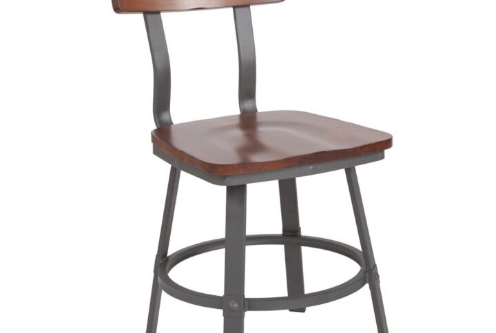 Set a new trend with this modern-industrial style metal restaurant chair that will become a staple at your dining table or in your restaurant. This Rustic Walnut Restaurant Chair with Wood Seat and Back and Gray Powder Coat Frame is attractively designed with a rectangular wood back. A round foot ring adds durability and serves as a footrest. Plastic floor glides protect your floors by sliding smoothly when you need to move the chair. This commercial grade chair will look great in cafes