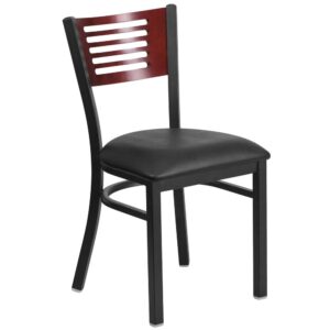 Ensure your patrons come back time and again with this metal slat back restaurant chair. The mahogany wood back and black vinyl upholstered seat provide a comfortable place to relax and enjoy a meal. Metal restaurant chairs are also a popular choice for furnishing cafes