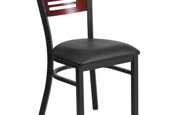 Ensure your patrons come back time and again with this metal slat back restaurant chair. The mahogany wood back and black vinyl upholstered seat provide a comfortable place to relax and enjoy a meal. Metal restaurant chairs are also a popular choice for furnishing cafes