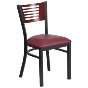 Ensure your patrons come back time and again with this metal slat back restaurant chair. The mahogany wood back and burgundy vinyl upholstered seat provide a comfortable place to relax and enjoy a meal. Metal restaurant chairs are also a popular choice for furnishing cafes