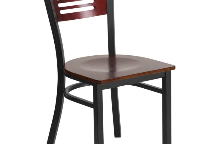 Ensure your patrons come back time and again with this metal slat back restaurant chair. The mahogany wood back and seat provide a comfortable place to relax and enjoy a meal. Metal restaurant chairs are also a popular choice for furnishing cafes