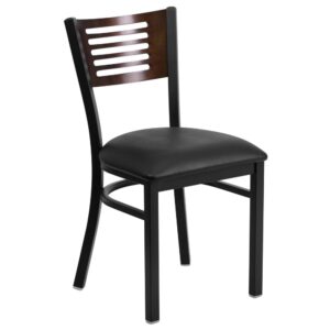 Ensure your patrons come back time and again with this metal slat back restaurant chair. The walnut wood back and black vinyl upholstered seat provide a comfortable place to relax and enjoy a meal. Metal restaurant chairs are also a popular choice for furnishing cafes