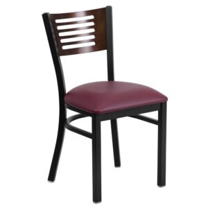 Ensure your patrons come back time and again with this metal slat back restaurant chair. The walnut wood back and burgundy vinyl upholstered seat provide a comfortable place to relax and enjoy a meal. Metal restaurant chairs are also a popular choice for furnishing cafes