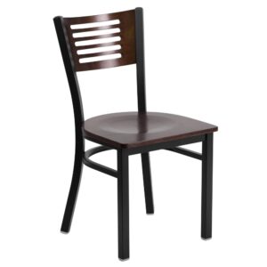 Ensure your patrons come back time and again with this metal slat back restaurant chair. The walnut wood back and seat provide a comfortable place to relax and enjoy a meal. Metal restaurant chairs are also a popular choice for furnishing cafes