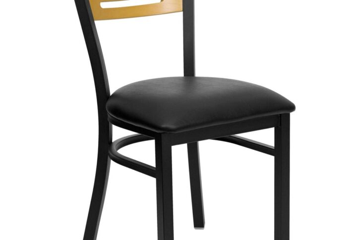 Ensure your patrons come back time and again with this metal slat back restaurant chair. The natural wood back and black vinyl upholstered seat provide a comfortable place to relax and enjoy a meal. Metal restaurant chairs are also a popular choice for furnishing cafes