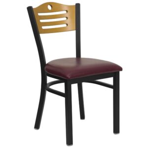 Ensure your patrons come back time and again with this metal slat back restaurant chair. The natural wood back and burgundy vinyl upholstered seat provide a comfortable place to relax and enjoy a meal. Metal restaurant chairs are also a popular choice for furnishing cafes