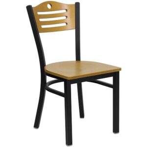 Ensure your patrons come back time and again with this metal slat back restaurant chair. The natural wood back seat provide a comfortable place to relax and enjoy a meal. Metal restaurant chairs are also a popular choice for furnishing cafes