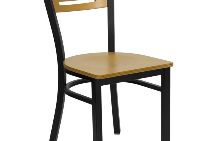 Ensure your patrons come back time and again with this metal slat back restaurant chair. The natural wood back seat provide a comfortable place to relax and enjoy a meal. Metal restaurant chairs are also a popular choice for furnishing cafes