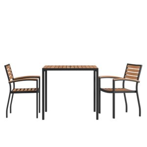 Gain more outdoor dining time at your home or business with this 3 piece 36" square faux teak table and 2 side chairs set. Patrons love to dine al fresco and this all-weather dining set won't disappoint. The trending natural colored synthetic faux teak slats contrast beautifully with the black metal frames and blend seamlessly in almost any decor. Pick the umbrella that suits your personal taste and insert it into the umbrella holder hole to remain cool while outside. Entertain guests at your home or restaurant with this on-trend outdoor seating set. The 18 gauge steel frame of the patio table features metal screw construction that holds up to 300 Lbs. static weight capacity to effortlessly hold your favorite dishes while the 2 patio side chairs boast 12 gauge aluminum frame welded construction that holds up to 300 Lbs. static weight capacity to accommodate most users. Powder coating helps resist nicks and scratches on all pieces and is weather-resistant for year-round use though care should be taken to protect from prolonged periods of wet weather. The stackable chairs arrive fully assembled and ready to use and may be stacked up to 15 high for storage or routine floor care while the table assembles in 30 minutes or less with the included step-by-step instructions to refresh your outdoor dining space in your home or restaurant. Clean your new outdoor dining set with a water based cleaner to maintain great looks. Fixed glides will maintain the appearance of your hard flooring surfaces when being used indoors.