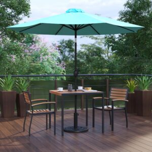 shady spot for dining or relaxing at your home or business is in this 5 piece patio set. Patrons love to dine al fresco and this all-weather dining set won't disappoint. The trending natural colored synthetic faux teak slats contrast beautifully with the black metal frames and blend seamlessly in almost any decor. The included tan polyester umbrella with base will protect your electronics and pets from overheating. Entertain guests at your home or restaurant with this on-trend outdoor seating bundle. The 18 gauge steel frame of the patio table features metal screw construction that holds up to 300 Lbs. static weight capacity to effortlessly hold your favorite dishes while the 12 gauge aluminum patio chairs stack up to 15 high for storage or cleaning. The 30+ UV treated polyester umbrella boasts push button tilt to keep you shaded no matter where the sun is. Powder coating on the dining table