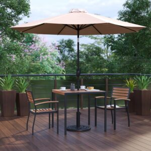 shady spot for dining or relaxing at your home or business is in this 5 piece patio set. Patrons love to dine al fresco and this all-weather dining set won't disappoint. The trending natural colored synthetic faux teak slats contrast beautifully with the black metal frames and blend seamlessly in almost any decor. The included tan polyester umbrella with base will protect your electronics and pets from overheating. Entertain guests at your home or restaurant with this on-trend outdoor seating bundle. The 18 gauge steel frame of the patio table features metal screw construction that holds up to 300 Lbs. static weight capacity to effortlessly hold your favorite dishes while the 12 gauge aluminum patio chairs stack up to 15 high for storage or cleaning. The 30+ UV treated polyester umbrella boasts push button tilt to keep you shaded no matter where the sun is. Powder coating on the dining table