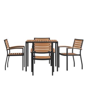 Gain more outdoor dining time at your home or business with this 5 piece 36" square faux teak table and 4 side chairs set. Patrons love to dine al fresco and this all-weather dining set won't disappoint. The trending natural colored synthetic faux teak slats contrast beautifully with the black metal frames and blend seamlessly in almost any decor. Pick the umbrella that suits your personal taste and insert it into the umbrella holder hole to remain cool while outside. Entertain guests at your home or restaurant with this on-trend outdoor seating set. The 18 gauge steel frame of the patio table features metal screw construction that holds up to 300 Lbs. static weight capacity to effortlessly hold your favorite dishes while the 4 patio side chairs boast 12 gauge aluminum frame welded construction that holds up to 300 Lbs. static weight capacity to accommodate most users. Powder coating helps resist nicks and scratches on all pieces and is weather-resistant for year-round use though care should be taken to protect from prolonged periods of wet weather. The stackable chairs arrive fully assembled and ready to use and may be stacked up to 15 high for storage or routine floor care while the table assembles in 30 minutes or less with the included step-by-step instructions to refresh your outdoor dining space in your home or restaurant. Clean your new outdoor dining set with a water based cleaner to maintain great looks. Fixed glides will maintain the appearance of your hard flooring surfaces when being used indoors.