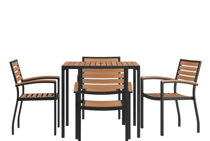 Gain more outdoor dining time at your home or business with this 5 piece 36" square faux teak table and 4 side chairs set. Patrons love to dine al fresco and this all-weather dining set won't disappoint. The trending natural colored synthetic faux teak slats contrast beautifully with the black metal frames and blend seamlessly in almost any decor. Pick the umbrella that suits your personal taste and insert it into the umbrella holder hole to remain cool while outside. Entertain guests at your home or restaurant with this on-trend outdoor seating set. The 18 gauge steel frame of the patio table features metal screw construction that holds up to 300 Lbs. static weight capacity to effortlessly hold your favorite dishes while the 4 patio side chairs boast 12 gauge aluminum frame welded construction that holds up to 300 Lbs. static weight capacity to accommodate most users. Powder coating helps resist nicks and scratches on all pieces and is weather-resistant for year-round use though care should be taken to protect from prolonged periods of wet weather. The stackable chairs arrive fully assembled and ready to use and may be stacked up to 15 high for storage or routine floor care while the table assembles in 30 minutes or less with the included step-by-step instructions to refresh your outdoor dining space in your home or restaurant. Clean your new outdoor dining set with a water based cleaner to maintain great looks. Fixed glides will maintain the appearance of your hard flooring surfaces when being used indoors.