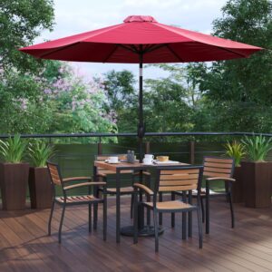 shady spot for dining or relaxing at your home or business is in this 7 piece patio set. Patrons love to dine al fresco and this all-weather dining set won't disappoint. The trending natural colored synthetic faux teak slats contrast beautifully with the black metal frames and blend seamlessly in almost any decor. The included red polyester umbrella with base will protect your electronics and pets from overheating. Entertain guests at your home or restaurant with this on-trend outdoor seating bundle. The 18 gauge steel frame of the patio table features metal screw construction that holds up to 300 Lbs. static weight capacity to effortlessly hold your favorite dishes while the 12 gauge aluminum patio chairs stack up to 27 high for storage or cleaning. The 30+ UV treated polyester umbrella boasts push button tilt to keep you shaded no matter where the sun is. Powder coating on the dining table