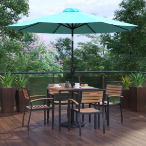 shady spot for dining or relaxing at your home or business is in this 7 piece patio set. Patrons love to dine al fresco and this all-weather dining set won't disappoint. The trending natural colored synthetic faux teak slats contrast beautifully with the black metal frames and blend seamlessly in almost any decor. The included teal polyester umbrella with base will protect your electronics and pets from overheating. Entertain guests at your home or restaurant with this on-trend outdoor seating bundle. The 18 gauge steel frame of the patio table features metal screw construction that holds up to 300 Lbs. static weight capacity to effortlessly hold your favorite dishes while the 12 gauge aluminum patio chairs stack up to 27 high for storage or cleaning. The 30+ UV treated polyester umbrella boasts push button tilt to keep you shaded no matter where the sun is. Powder coating on the dining table