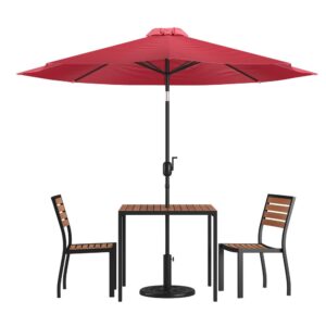 Setting up your outdoor space just got easier with this one stop 5 piece patio set bundle. Refresh the look of your existing entertaining space or add your personal touch to the new house you just moved into. Beautiful synthetic teak slats adorn the 35" square faux teak table and 2 chairs while the polyester tan umbrella